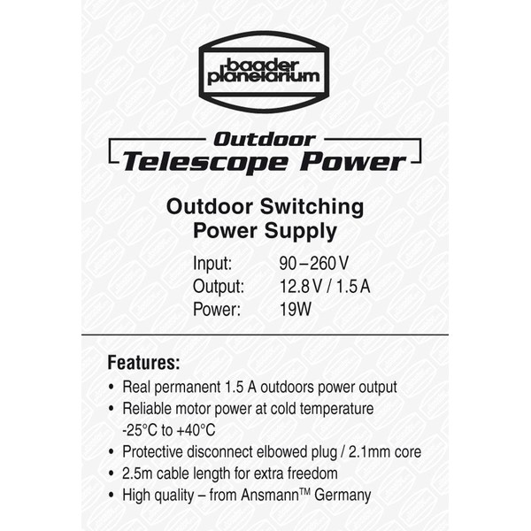 Baader Bloc d'alimentation Outdoor Telescope Power Supply 12,8V / 1,5A 19W avec fiche coudée