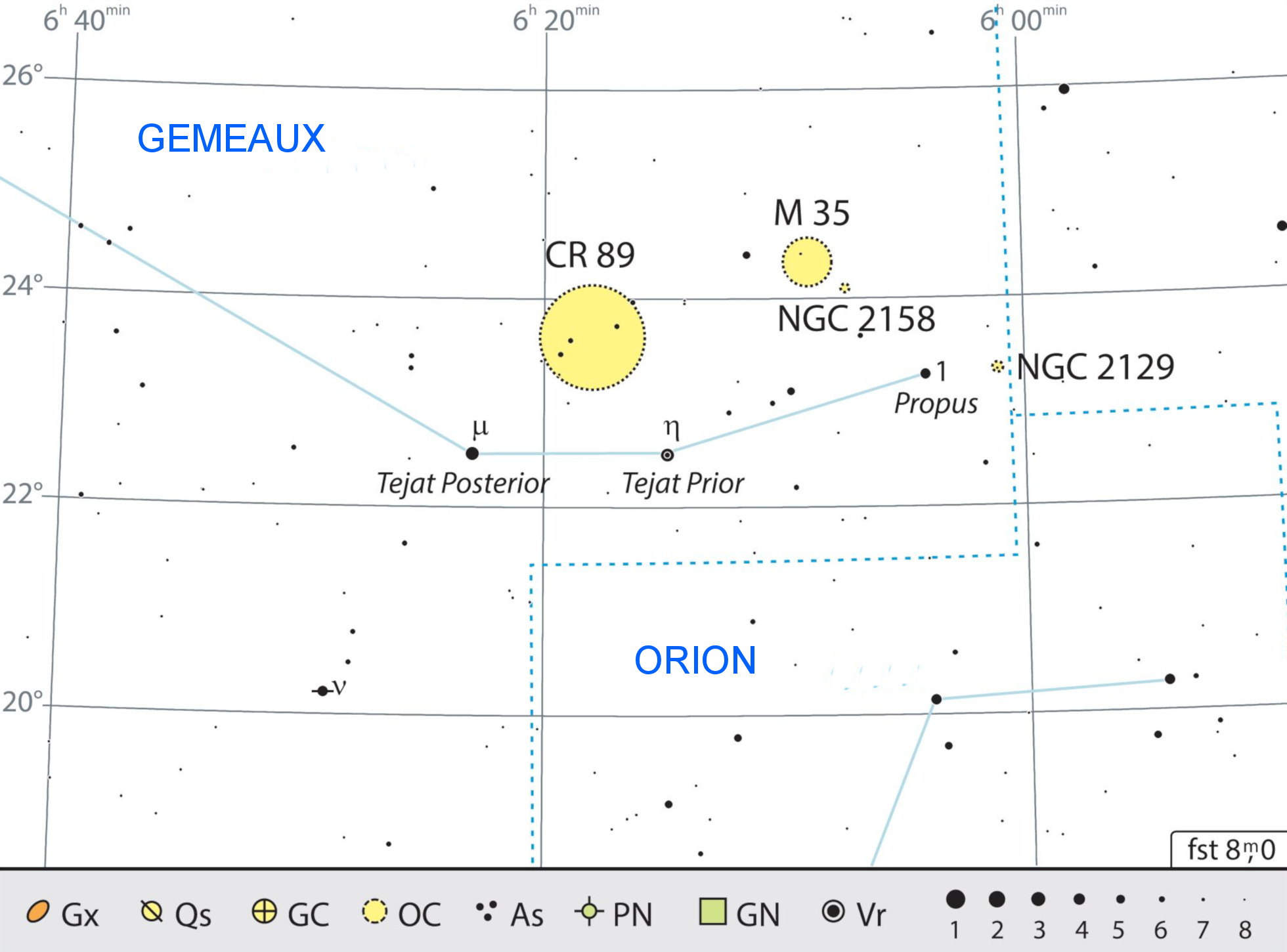 Carte de recherche pour la balade jumelles en mains dans la constellation des Gémeaux. Vous trouverez une carte générale de la constellation à la page 35. J. Scholten