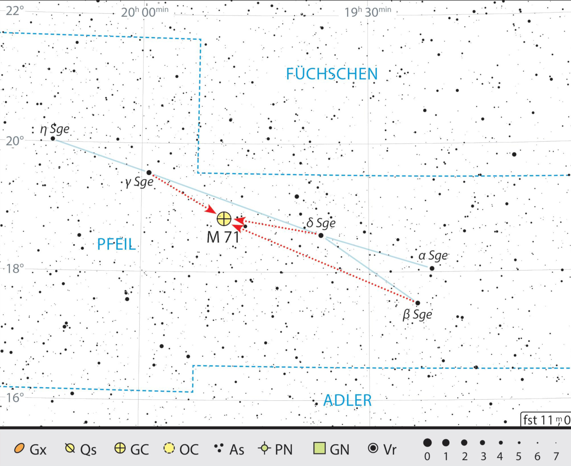 Carte de recherche pour Messier 71 dans la constellation de la Flèche. J. Scholten