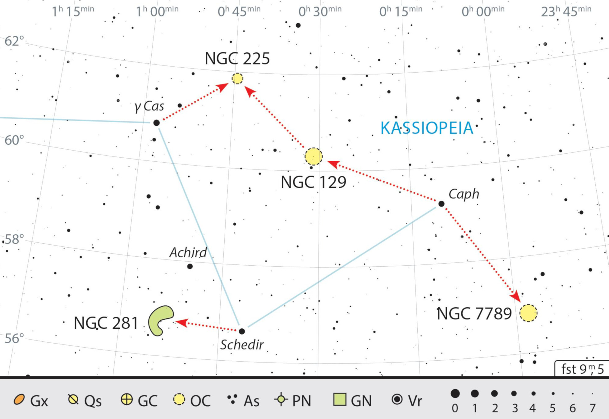 Cette fois, le but de notre randonnée est une chaîne d’amas d’étoiles. La nébuleuse NGC 281 est un défi tout particulier. J. Scholten