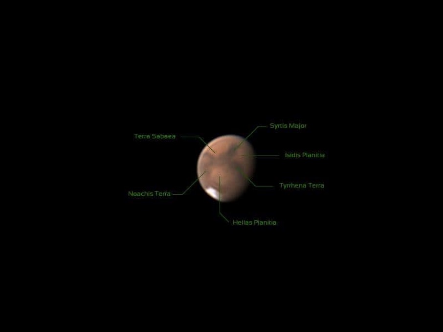 Photo de Mars prise avec un SC 8", ZWO ASI 224MC, ADC, sous un très bon seeing, en août 2020 (photo de J. Bates, Berlin)