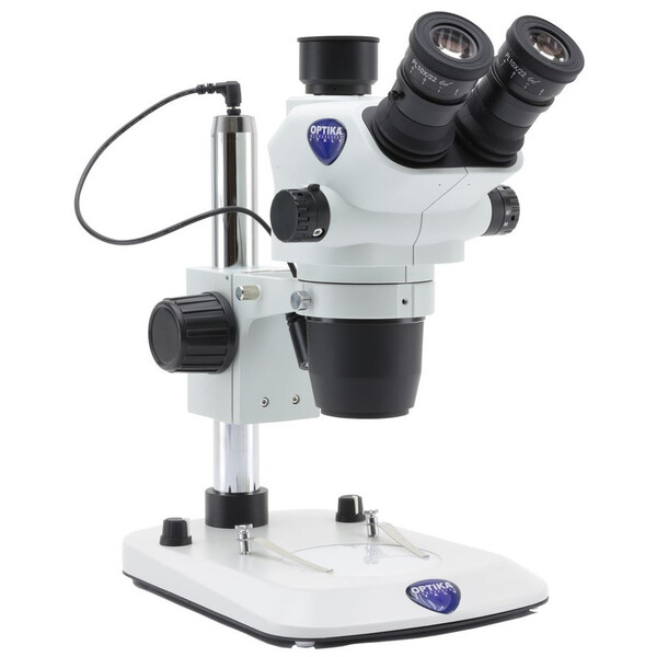 Microscope stéréo zoom Optika SZO-4, trino, 6.7-45x, Statif à colonne, Lumière incidente, Lumière transmise