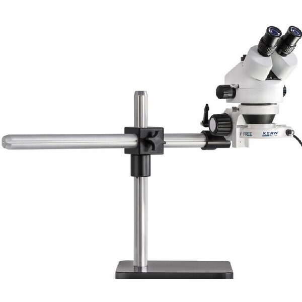 Microscope stéréo zoom Kern OZL 963, trino, 0,7-4,5x, Trépied à bras télescopique, Plaque, Anneau lumineux LED.