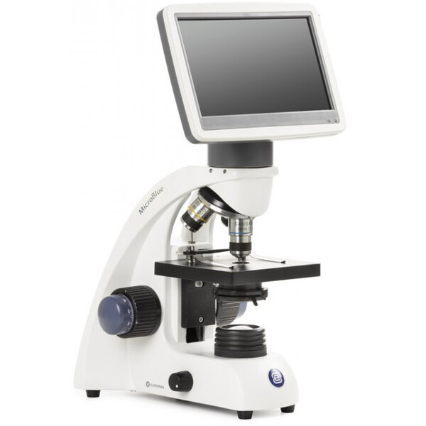 Microscope Euromex MicroBlue, MB.1051-LCD, écran LCD 5,6 pouces, Objectifs Achr. 4/10/S40x, DIN 35mm perf., 40x - 400x, LED, 1W, Platine à chariot croisé