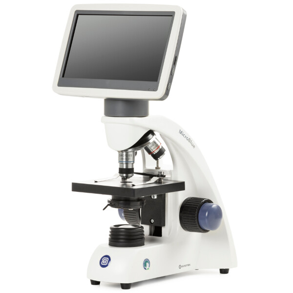 Microscope Euromex MicroBlue, MB.1051-LCD, écran LCD 5,6 pouces, Objectifs Achr. 4/10/S40x, DIN 35mm perf., 40x - 400x, LED, 1W, Platine à chariot croisé