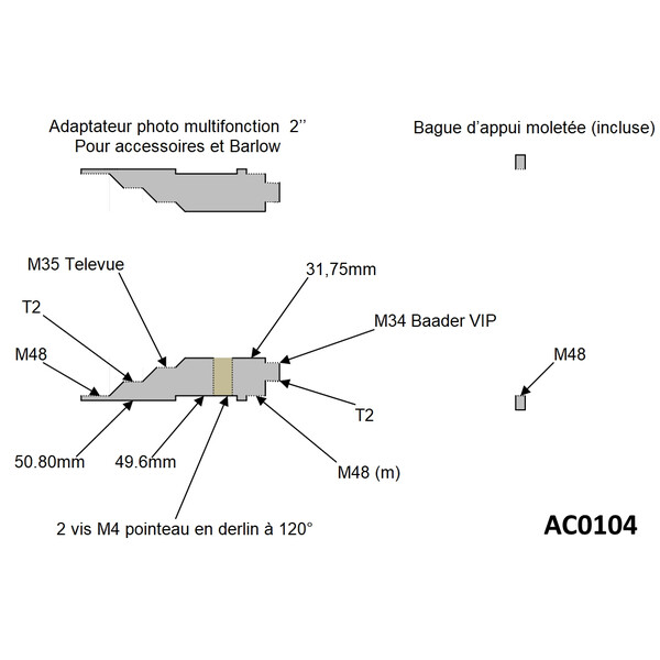 Pierro Astro Adaptateur appareil-photo 50,80 mm sur T2 et M48 pour Barlow