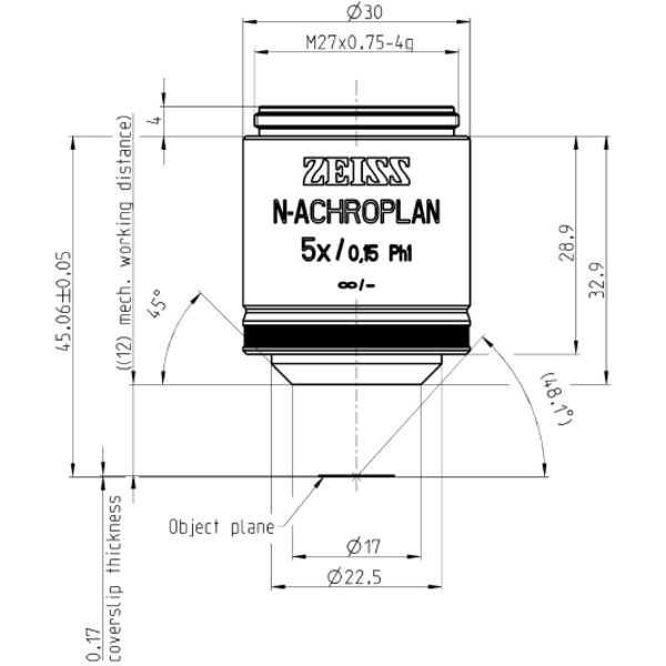 Objectif ZEISS Objektiv N-Achroplan 5x/0,15 Ph1 wd=12,0mm