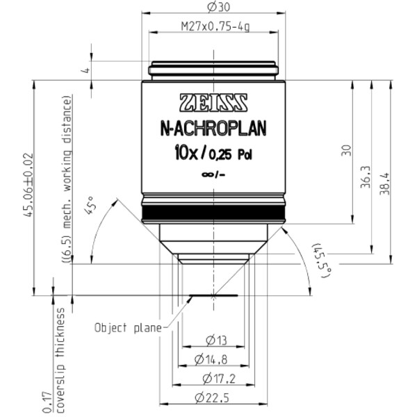 Objectif ZEISS Objektiv N-Achroplan 10x/0,25 Pol wd=6,5mm