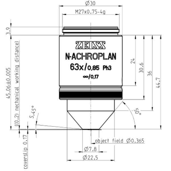 Objectif ZEISS Objektiv N-Achroplan 63x/0,85 Ph3 wd=0,20mm