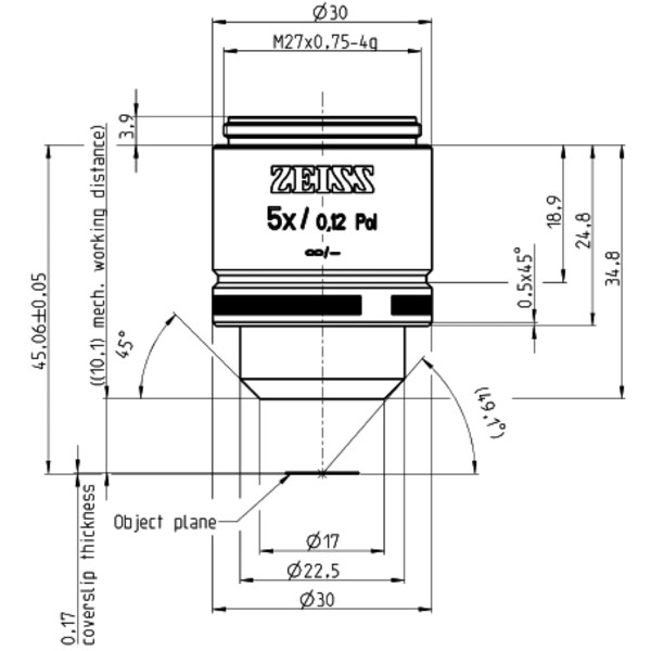 ZEISS Objectif Plan A 5x/0,12 pôle wd=10,1mm