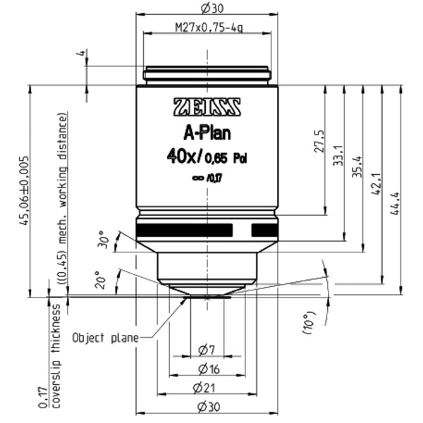 ZEISS Objectifs Plan A 40x/0,65 pôle wd=0,45mm