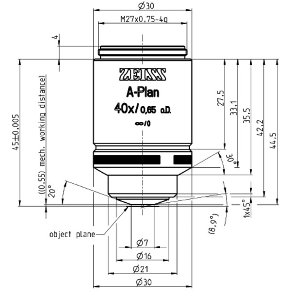 ZEISS Objectifs Plan A 40x/0,65 D=0 wd=0,55mm
