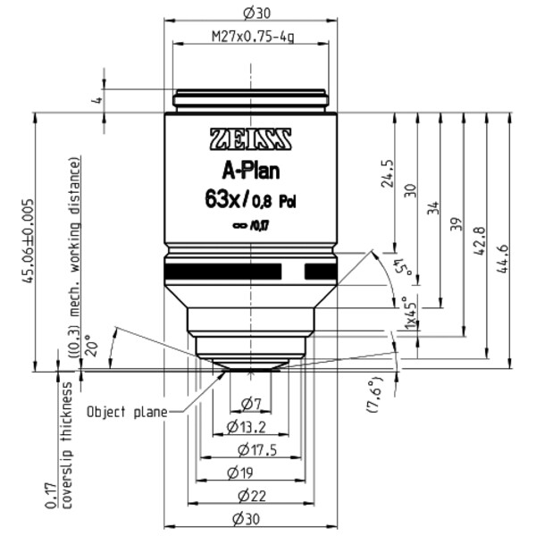 ZEISS Objectifs Plan A 63x/0,8 pôle wd=0,30mm