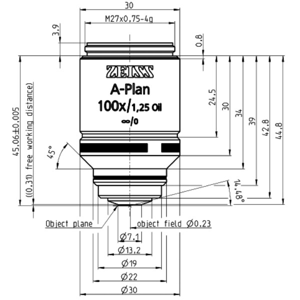 ZEISS Objectifs Plan A 100x/1,25 huile D=0 wd=0,31mm