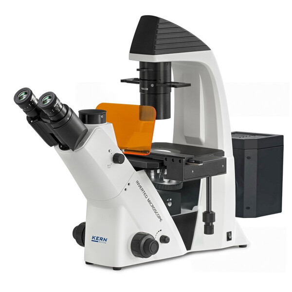 Microscope inversé Kern OCM 168, FL, PH, trino, Condenseur Abbe N.A. 0,3 fixe, 10x-40x, LED 5 W, Al/Dl