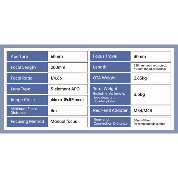 Lunette apochromatique ToupTek HOPE D60 60/280 f/4.66