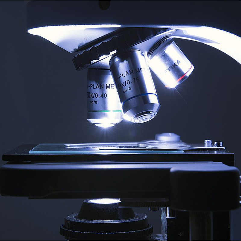 Microscope Optika B-510-2F, discussion, trino, 2-head (face-to-face), IOS W-PLAN, 40x-1000x, EU