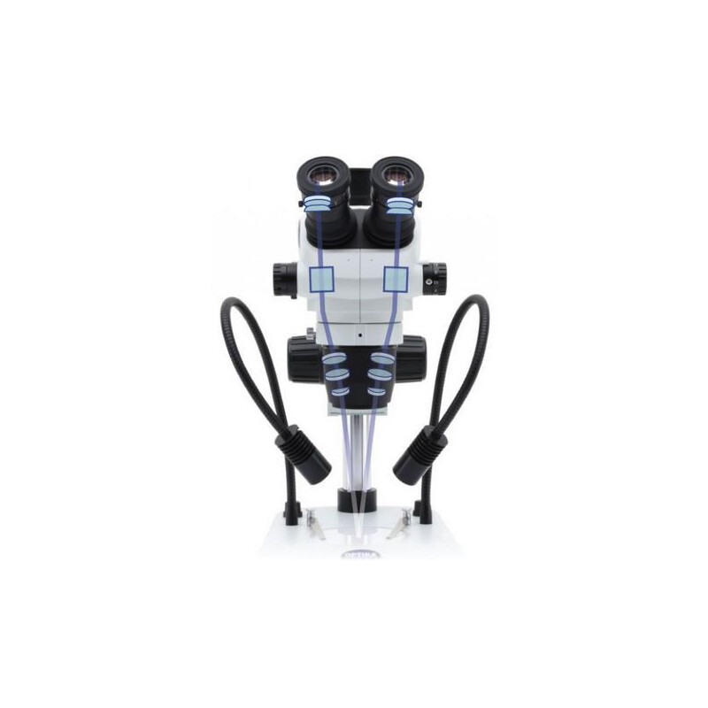 Microscope stéréo zoom Optika SZO-10, trino, 6.7-45x, en surplomb, 2 bras, sans Éclairage