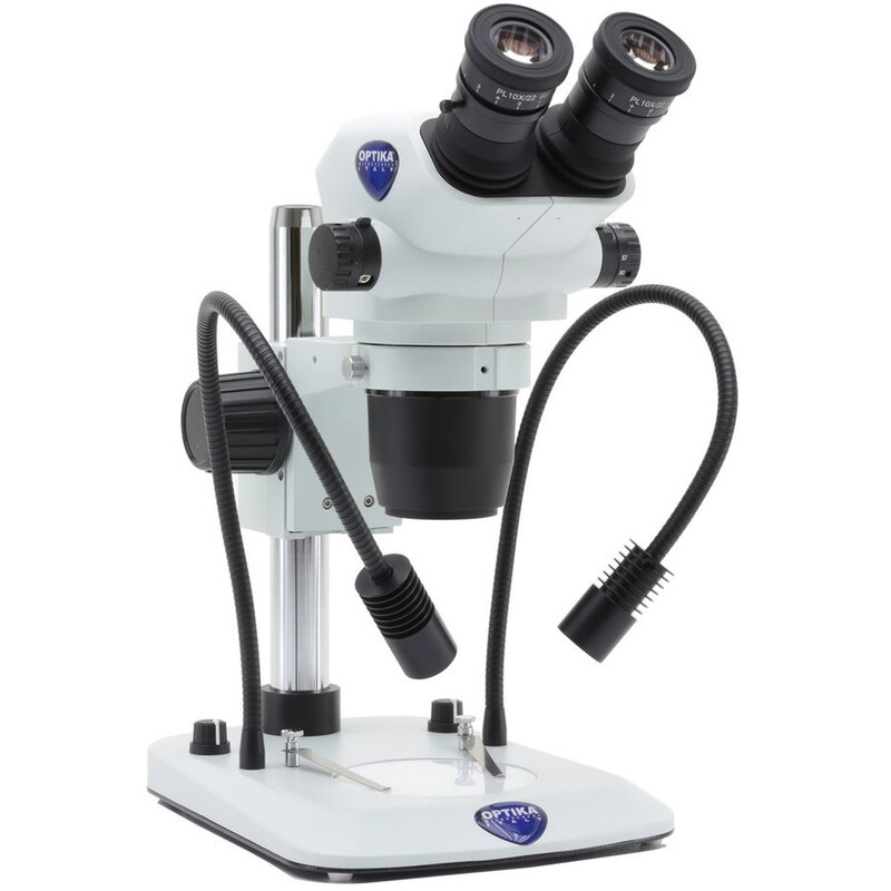 Microscope stéréo zoom Optika SZO-5 , bino, 6.7-45x, Statif à colonne, Lumière réfléchie, Lumière transmise, double spot