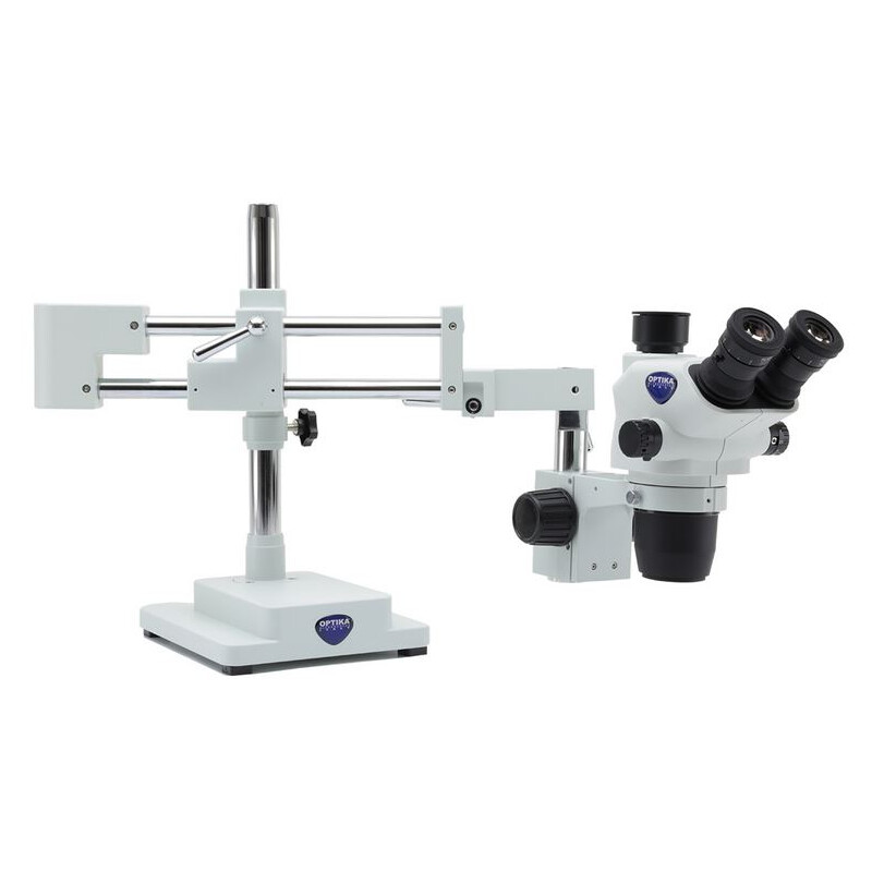 Microscope stéréo zoom Optika SZO-10, trino, 6.7-45x, en surplomb, 2 bras, sans Éclairage