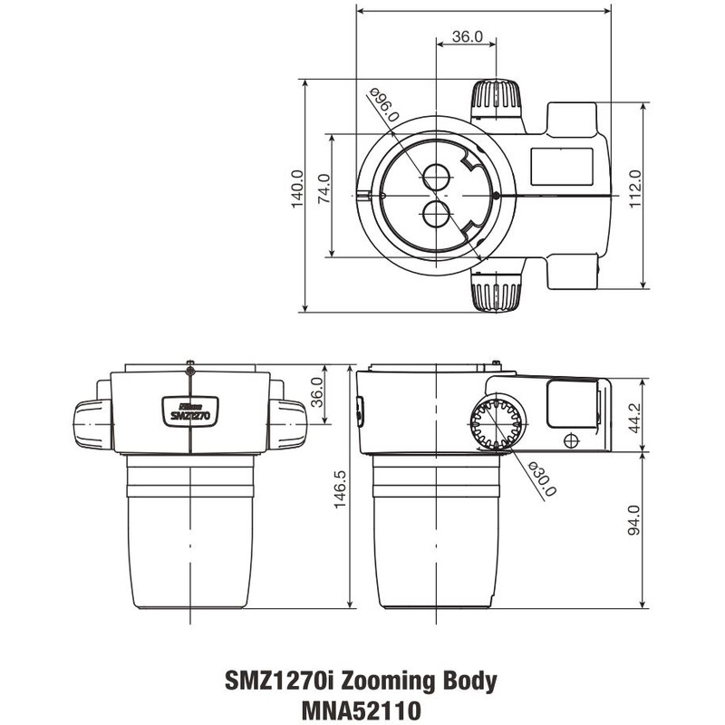 Nikon SMZ-1270i Stereo Zoom Head, trino, 6.3-80x, click stop, ratio 12.7:1, 64 mm, 0-30°, WD 70 mm