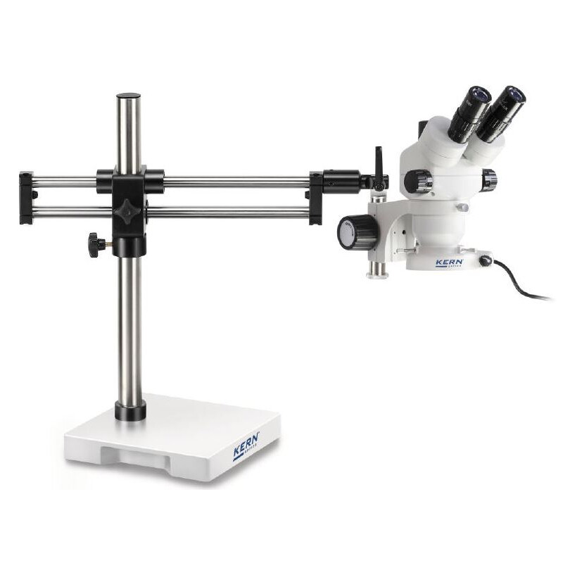 Microscope stéréo zoom Kern OZM 933, trino, 7-45x, HSWF 10x23 mm, Trépied, double bras, 614x545 mm, m. Plateau, éclairage annulaire LED 4.5 W