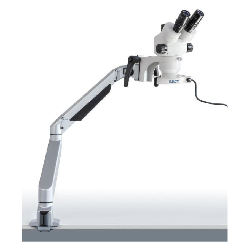 Microscope stéréo zoom Kern OZM 983, trino, 7-45x, HSWF 10x23 mm, Trépied à bras articulé, ressort, pince de table, éclairage annulaire LED 4.5W