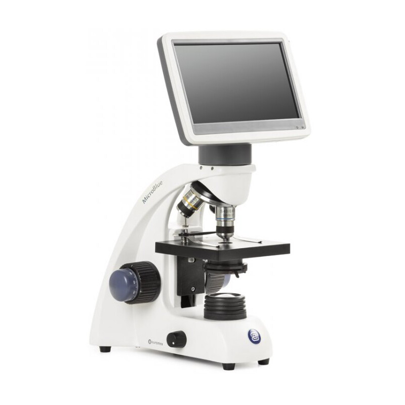 Microscope Euromex MicroBlue, MB.1051-LCD, écran LCD 5,6 pouces, Objectifs Achr. 4/10/S40x, DIN 35mm perf., 40x - 400x, LED, 1W, Platine à chariot croisé