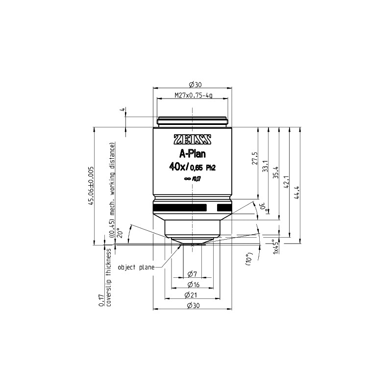 Objectif ZEISS A-Plan 40x/0,65 Ph2 wd=a=0,45 mm