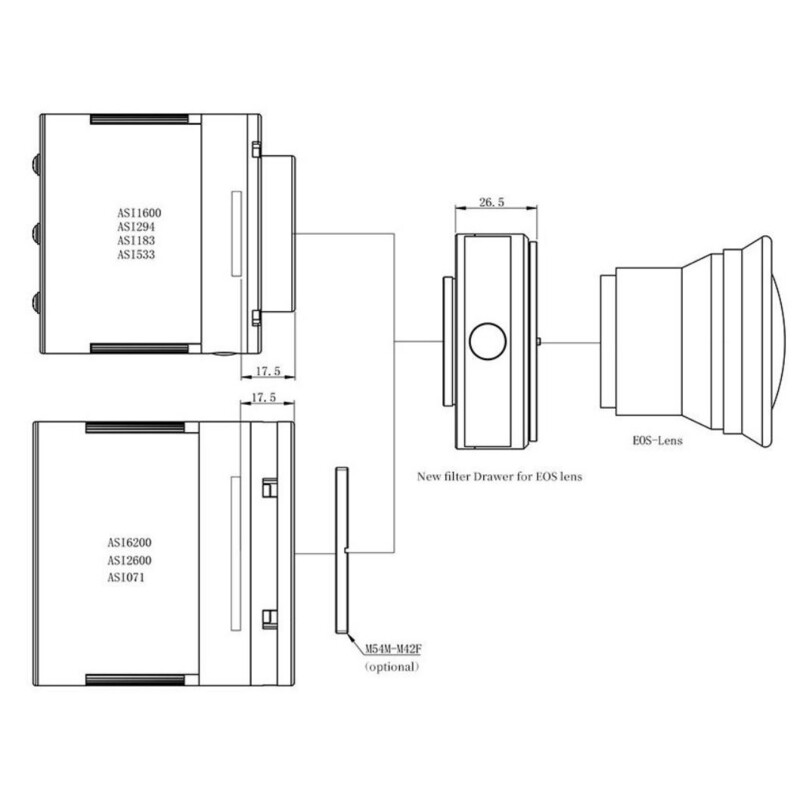Adaptateurs pour objectifs photographiques ZWO Canon EOS / T2 avec porte-filtre 2"