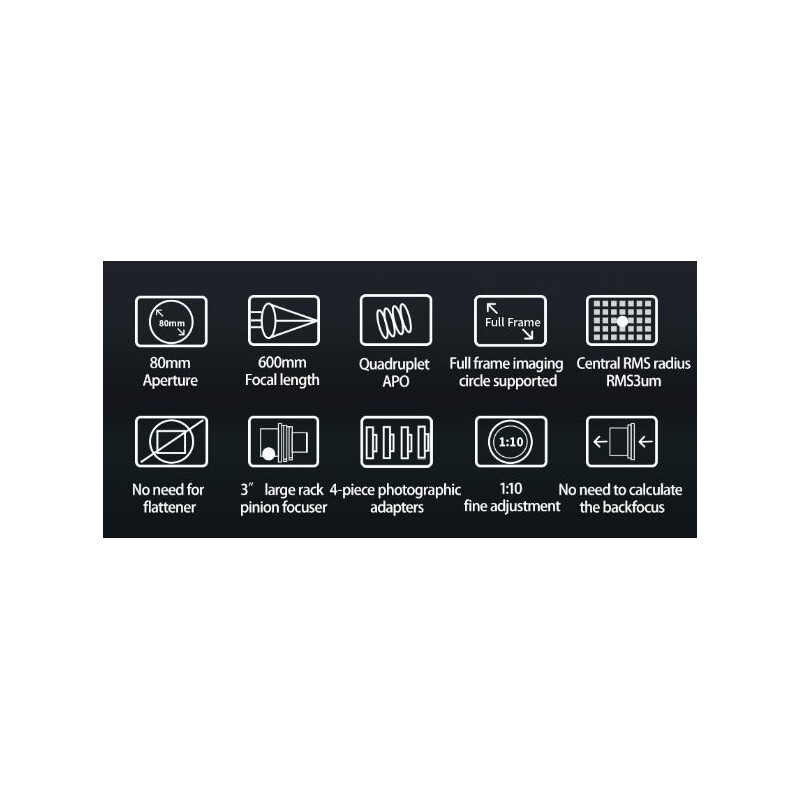 Lunette apochromatique ZWO FF80 AP 80/600 Quadruplet OTA